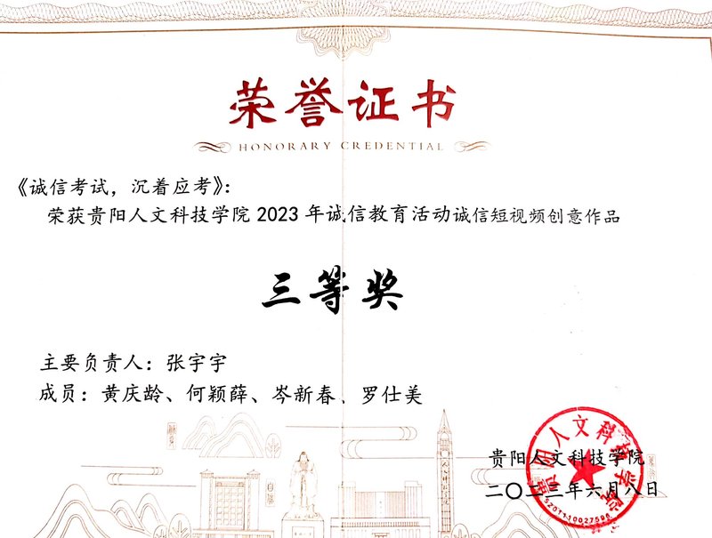 诚信教育获奖证书